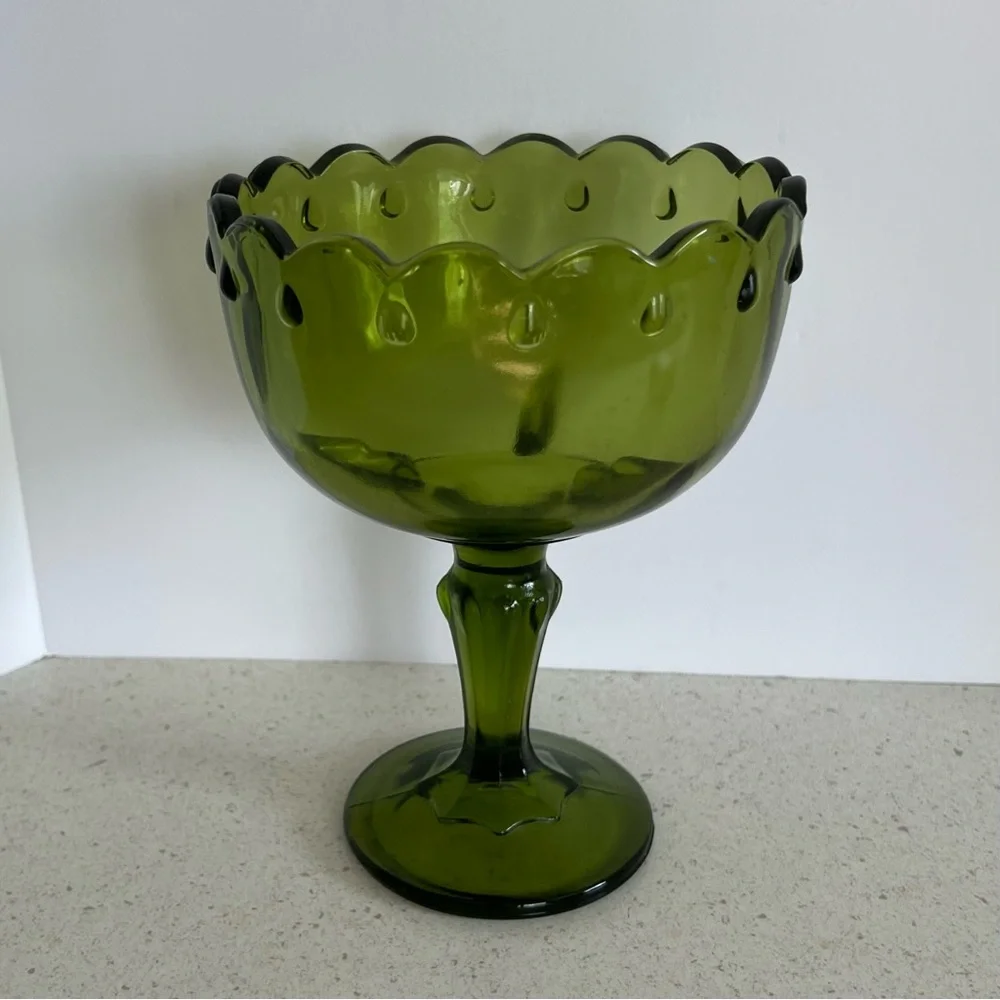 Vintage Pedestal Olive Green Indiana Glass Compote Candy Dish Bowl 7.5” X 5.5”